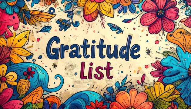 Vibrant Floral Gratitude List Header with Colorful Flowers and Leaves.