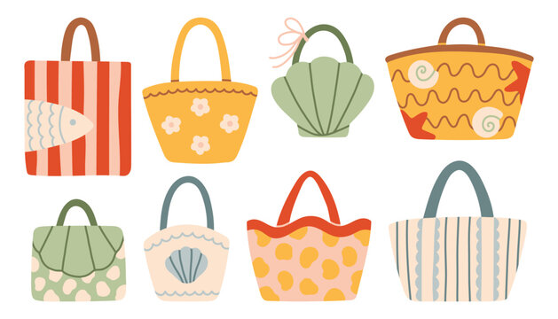 Collection of hand drawn beach bags and tote icons. Minimalist flat vector illustration of summer bags with sea shells, fish, and floral patterns. Isolated on white