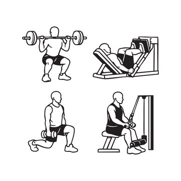 Minimal Strength and Lower Body Exercise Icons.Black-and-white silhouette icons of barbell squat, leg press, dumbbell lunge, and cable row exercises. Perfect for fitness apps, poster