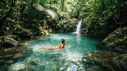 Fototapeta premium Serene tropical paradise: Woman enjoying a refreshing swim in a pristine natural jungle pool fed by a beautiful waterfall, surrounded by lush rainforest, embodying tranquility and adventure.