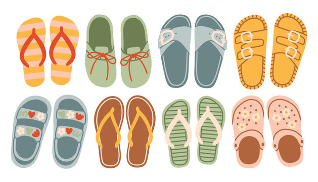 Collection of hand drawn summer shoes and sandals. Minimalist flat vector illustration of flip flops, slippers, and beach footwear doodles for vacation design. Isolated on white