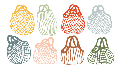 Set of hand drawn eco friendly string bags and net totes. Minimalist flat vector illustration of reusable grocery bags for sustainable lifestyle doodles. Isolated on white © spirka.art