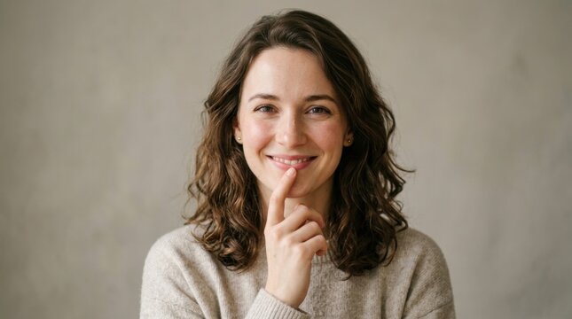 Charming portrait of a happy young woman with dark curly hair, smiling genuinely with her finger gently touching her lips, against a neutral background.