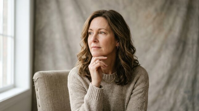Portrait of a pensive mature woman deep in thought, looking away with a serene expression against a soft, neutral background.
