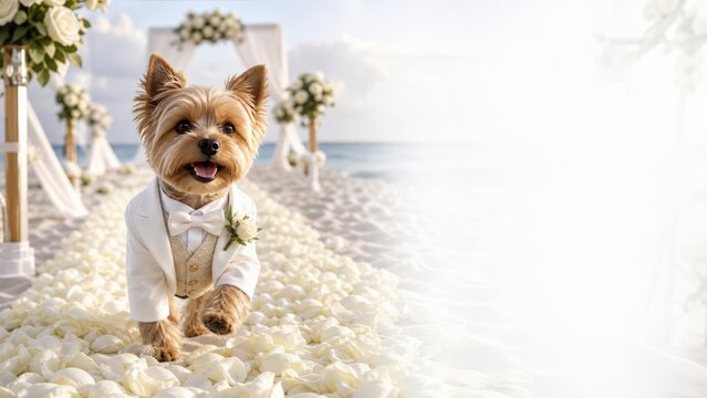 A small dog dressed in a white groom's suit and bow tie walks along a path of flower petals at a beach wedding ceremony, with a decorated arch and the ocean visible in the background.