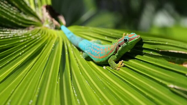 Close-up of a blue tailed Ornate Day Gecko endemic species of Mauritius on palm tree leaf