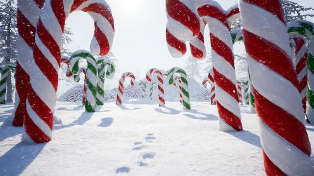 Candy cane forest, red and green spiral structures, snowy ground and trees