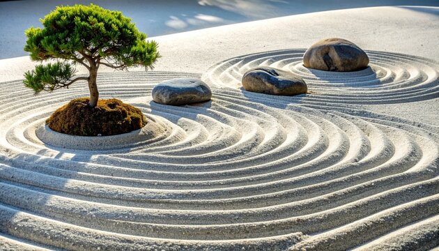 Zen Garden with Raked Sand and Bonsai Tree.