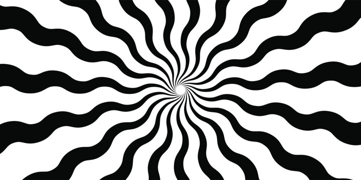 Black and white hypnotic spiral wave rays background. Psychedelic sunburst retro design.