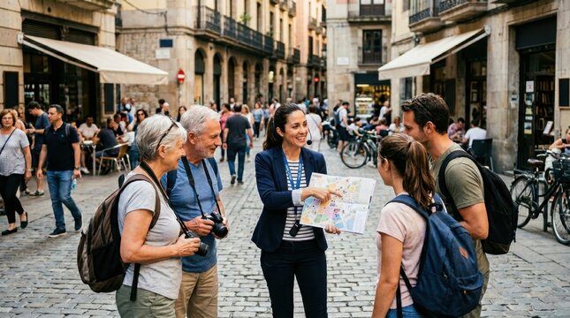 Happy tour guide explaining route on map to diverse group of travelers during a guided city tour in a historical European city.