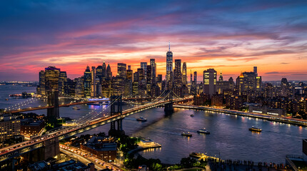 Fototapeta premium Manhattan skyline and bridges over East River at sunset