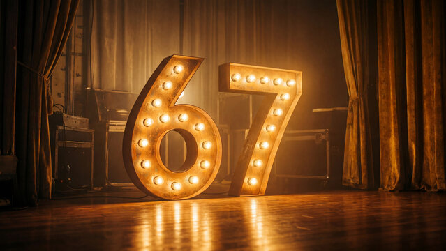 Number 67 glowing marquee lights on theater stage with warm golden mood set
