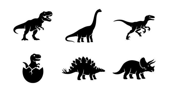 a set of vector silhouettes featuring various types of dinosaurs including a T-Rex Triceratops Stegosaurus and more