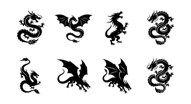dragon silhouettes vector icon pack black and white outline design elements