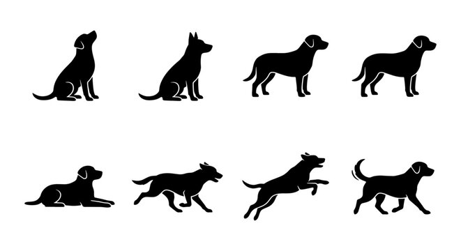 a set of vector silhouettes featuring eight different dog breeds performing various actions such as sitting standing