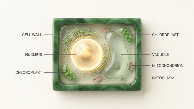 Plant cell diagram labeled 3d organelles in green classroom education model