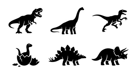 Dinosaur Icons Set: Prehistoric Creatures Vector Collection, Tyrannosaurus Rex, Triceratops, Stegosaurus, Brachiosaurus, Raptor, Baby Dinosaur in Egg, Jurassic Era Silhouettes © Shahinur