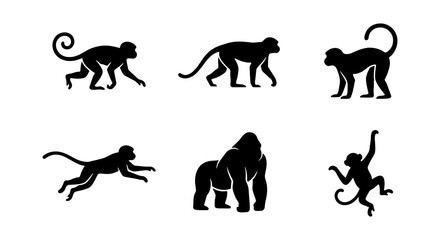a set of six black silhouettes of various monkey poses on a white background © Ahsan