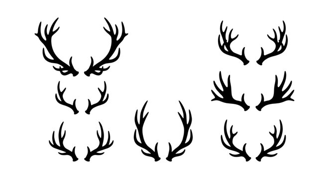 vector black and white deer antler silhouettes set isolated on white background