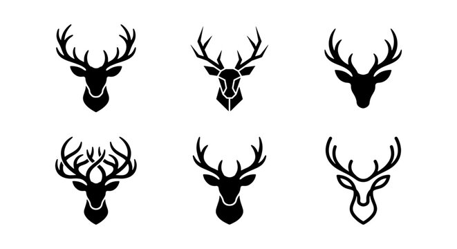 vector icon set of six black antlered deer heads all facing forward and to the right