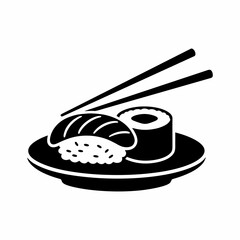 Sushi Plate with Nigiri, Maki, and Chopsticks Vector Silhouette Illustration © Reni