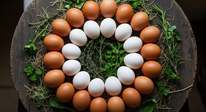 Rustic brown and white eggs arranged in circular pattern, fresh farm eggs on wooden board with green herbs, organic poultry products for Easter