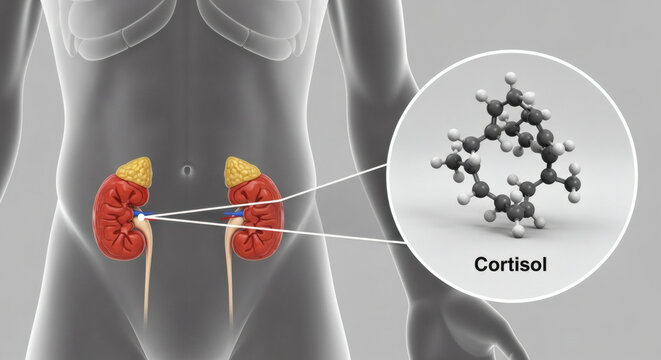 Cortisol hormone molecule and adrenal glands in human anatomy illustration