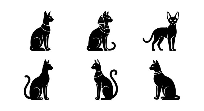 Ancient Egyptian Cat Icons, Black Silhouette Vector Set, Sacred Feline Symbols, Bastet Goddess Deity Art, Mystical Animal Graphics
