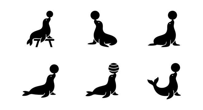 Circus Seal Icons, Performing Sea Mammal Silhouettes, Acrobat Animal Vector Set, Entertainment Performance Graphics