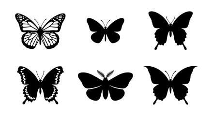 Six Silhouette Butterfly Vector Icons, Elegant Insect Graphics, Delicate Winged Creatures, Nature Motifs, Black and White Design Elements © Arafat