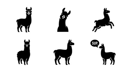 a set of six black and white llama silhouettes performing various actions on a plain background © Bappi