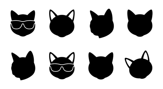 Set of 8 Black Cat Head Silhouettes, Cool Sunglasses, Vector Icons for Pet Lovers, Graphic Design Elements
