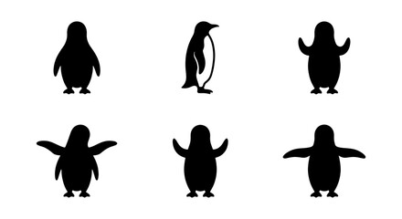 Six Penguin Silhouettes, Vector Icons Set: Cute Antarctic Birds in Various Poses, Simple Black and White Graphics for Wildlife and Arctic Themes © Shahinur