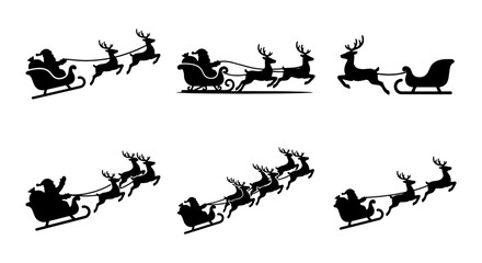 vector set of reindeer pulling sleighs black and white silhouette design elements © Bappi