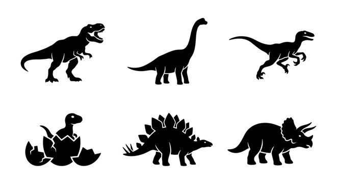 Silhouette Dinosaur Icons Set, Prehistoric Reptile Vector Graphics, Jurassic Era Creatures Collection