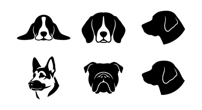 Dog Head Silhouettes Vector Pack, Canine Breed Icons, Pet Animal Graphics, Black and White Dog Faces Collection