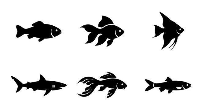 Diverse Fish Silhouettes Collection, Aquatic Life Icons, Marine Animal Vector Graphics, Seafood Design Elements