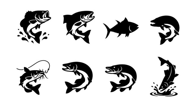 Dynamic Fish Silhouettes Collection, Angling Icons Set, Aquatic Wildlife Vector Graphics, Fishing Sport Elements