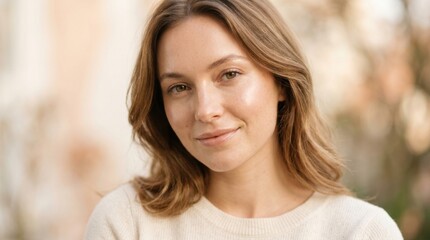 Obraz premium Close-up portrait of a beautiful young woman with radiant, healthy glowing skin and a gentle smile, exuding natural beauty and a serene confidence.