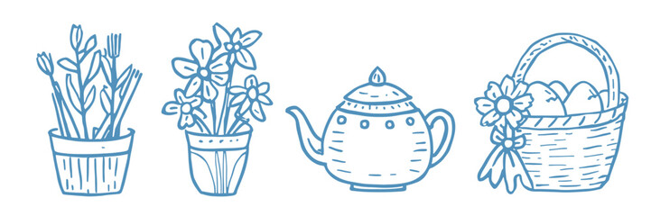 Hand drawn vintage garden elements set including flower pots, teapot, and picnic basket. Authentic manual ink sketch illustration. © M J