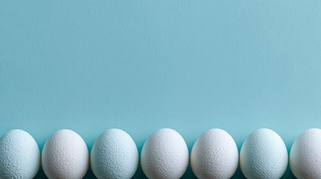 Minimalist pastel ice-blue background with eggs aligned in a precise vertical column along the far left edge, each egg slightly different in texture, clean uninterrupted copy space