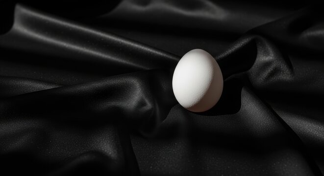 Minimalist white egg on black silk fabric, elegant still life photography, luxury satin texture background with dramatic lighting and shadows