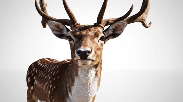 A deer with large antlers stands in a natural landscape looking forward.