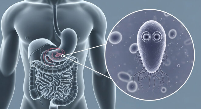 Microscopic Giardia parasite in human digestive system illustration