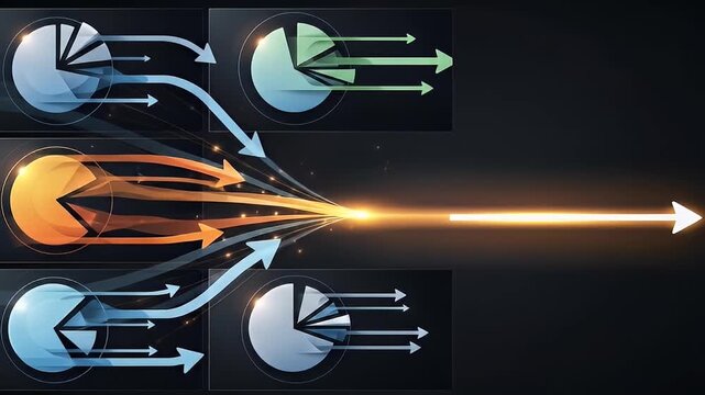 Flowchart illustration with colored pie charts and converging arrows on a dark background