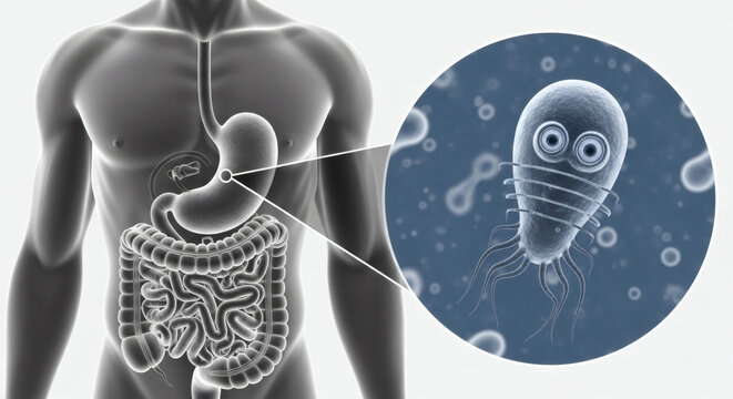 Microscopic Giardia parasite in human digestive system illustration