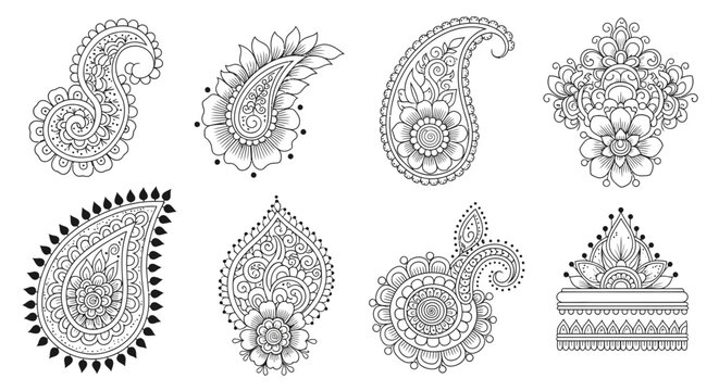 Set of intricate mehndi paisley and floral patterns. Hand-drawn Indian henna art designs. Ethnic ornamental elements for coloring books and textiles.