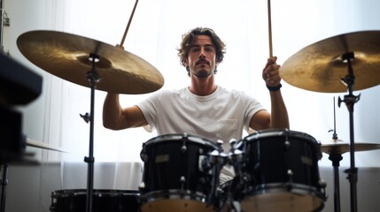 Obraz premium Young man playing drums with a focused expression in a bright studio.