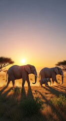 Fototapeta premium Majestic Elephants Walking Through African Savannah at Golden Hour Sunset.