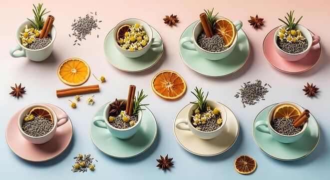 Assorted herbal tea cups with dried flowers and spices on pastel background